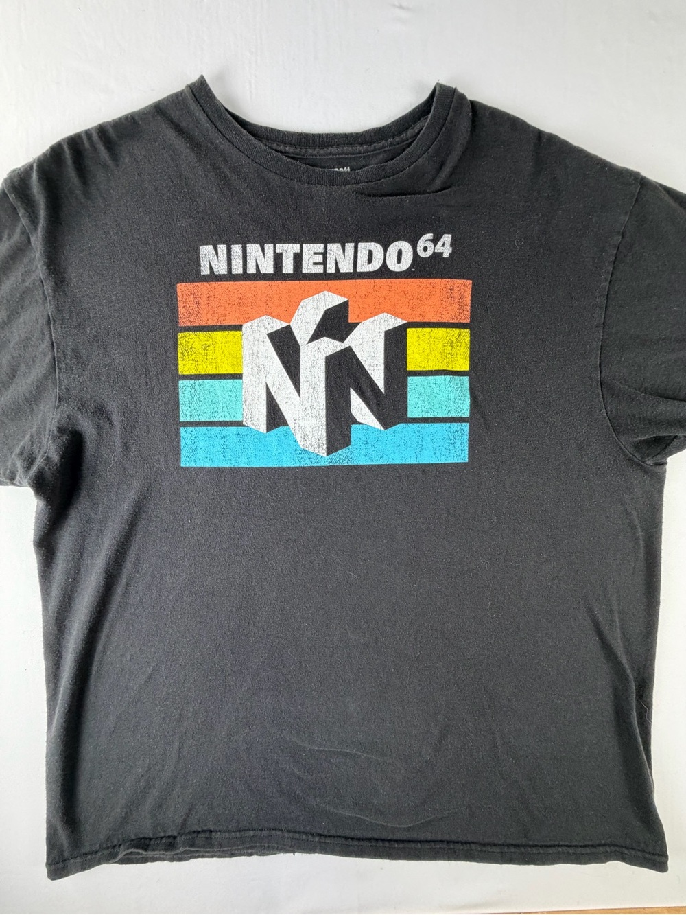 Nintendo 64 Black Tee with Retro Orange Yellow Blue Stripes - vintage wear XL